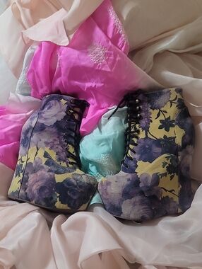 Jeffrey Campbell Floral Purple and Yellow Lace-Up Wedge Booties Leather